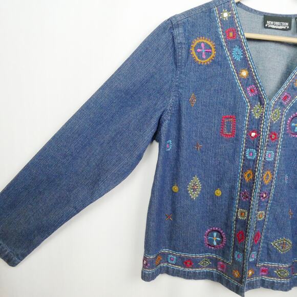 Vintage New Direction Southwestern Embroidered Jacket Sz L Blue Denim Beaded NOS - Picture 4 of 11